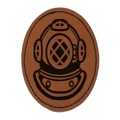 Antique Vintage Deep Sea Diving Helmet Round Iron-On Engraved Faux Leather Patch Applique - 2.5" Brown