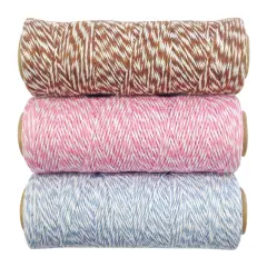 Wrapables Cotton Baker's Twine 4ply 330 Yards (Set of 3 Spools x 110 Yards) for Gift Wrapping, Party Decor, and Arts and Craft (Brown, Pink, Blue Grey)