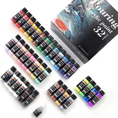 Acrylic Pouring Paint 43 PCS of 36 Bottles (2 oz/60ml) ,32 Assorted Colors Set to Pre-Mixed High Flow Acrylic Paint Pouring Supplies for Canvas Glass Paper Wood Tile and Stones, Complete Paint Pouring Kit