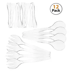 12 Pieces- Heavy Duty Disposable Plastic Serving Utensils, Four 10&rdquo; Spoons and Forks, Four 6-1/2&rdquo; Tongs,Clear