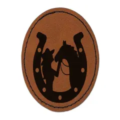 Horseshoe Horse and Cowgirl Round Iron-On Engraved Faux Leather Patch Applique - 2.5" Brown