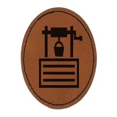 Wishing Water Well Icon Round Iron-On Engraved Faux Leather Patch Applique - 2.5" Brown