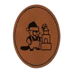 Christmas Santa Beaver Round Iron-On Engraved Faux Leather Patch Applique - 2.5" Brown