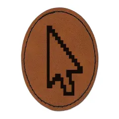 Digital Mouse Arrow Pointer Icon Round Iron-On Engraved Faux Leather Patch Applique - 2.5" Brown