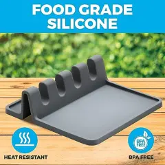 Grey Silicone Spoon Rest for Stove Top with Drip Pad (1 Pack) - Heat-Resistant, BPA-Free Utensil Rest & Spoon Holder for Kitchen Counter - Grill Utensil Holder for Spatulas, Tongs, and kitchenware