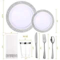 175 Pieces Silver Dinnerware Set 25 Guest-50 Silver Lace Plastic Plates-25 Silver Plastic Silverware-25 Silver Plastic Cups-25 Silver Paper Napkins, FOCUSLINE Disposable Dinnerware Set