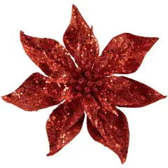 Northlight Artificial Glittered Poinsettia Christmas Floral Pick Clip-On Ornament - 9" - Red