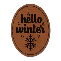 Hello Winter Round Iron-On Engraved Faux Leather Patch Applique - 2.5" Brown