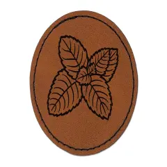 Mint Herb Plant Round Iron-On Engraved Faux Leather Patch Applique - 2.5" Brown