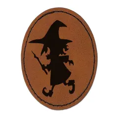 Mischievous Little Witch Wand Halloween Round Iron-On Engraved Faux Leather Patch Applique - 2.5" Brown