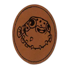Happy Little Pufferfish Round Iron-On Engraved Faux Leather Patch Applique - 2.5" Brown