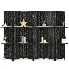 6 Panel Folding Weave Fiber Room Divider with 2 Display Shelves Black