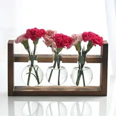 Plant Propagation Station Glass Terrarium Planter Flower Vase with Retro Solid Wooden Stand for Home Kitchen Indoor Garden Wedding Desktop Decor, 3 Bulb Vase