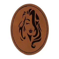 Beautiful Woman with Flowing Hair Round Iron-On Engraved Faux Leather Patch Applique - 2.5" Brown