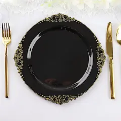 10 Pcs Disposable Plastic Salad Dinner Plates Embossed Baroque Trim Party Balck and gold