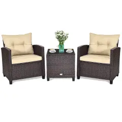 3 Pcs Patio Rattan Furniture Set Cushioned Conversation Set Coffee Table Beige