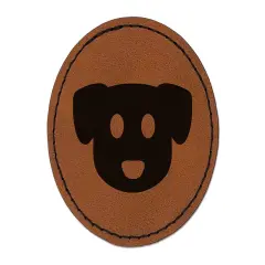 Simple Puppy Dog Head Icon Round Iron-On Engraved Faux Leather Patch Applique - 2.5" Brown