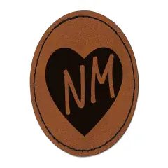 NM New Mexico State in Heart Round Iron-On Engraved Faux Leather Patch Applique - 2.5" Brown