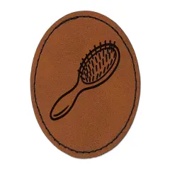 Hair Brush Round Iron-On Engraved Faux Leather Patch Applique - 2.5" Brown