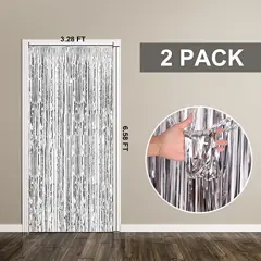 2 Pack Foil Curtain Backdrop Silver Metallic Tinsel Foil Fringe Curtains Photo Booth Props for Birthday Wedding Engagement Baby Shower Bachelorette Christmas Holiday Celebration Party Decorations