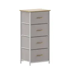 Emma and Oliver Marley 4 Drawer Storage Dresser with Cast Iron Frame, Wood Top and Easy Pull Fabric Drawers with Wooden Handles BeigeDrawer/White