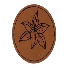 Pretty Tiger Lily Flower Round Iron-On Engraved Faux Leather Patch Applique - 2.5" Brown