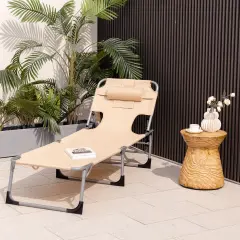 Folding Beach Lounge Chair with Pillow for Outdoor Beige