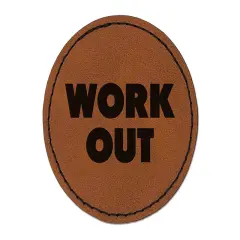 Work Out Bold Text Gym Exercise Round Iron-On Engraved Faux Leather Patch Applique - 2.5" Brown