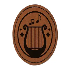 Bard Instrument Harp Lyre Round Iron-On Engraved Faux Leather Patch Applique - 2.5" Brown