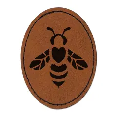 Cute Honey Bumblebee with Heart on Back Round Iron-On Engraved Faux Leather Patch Applique - 2.5" Brown