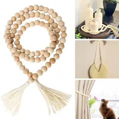 Wood Beads Garland with Tassels Boho Table Decor Farmhouse Home Decor Wooden Garland for Tiered Tray Rustic Country Decor