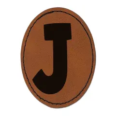 Letter J Uppercase Fun Bold Font Round Iron-On Engraved Faux Leather Patch Applique - 2.5" Brown