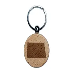 North Dakota State Silhouette Engraved Wood Round Keychain Tag Charm
