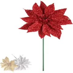Red Glitter Poinsettia Christmas Tree Picks Decorations, 24-Pack of Lifelike Glittery Floral Accents for Wreaths and Holiday Arrangements - 2024 Christmas Collection, Floral Home by Artificial Flowers