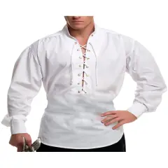 Mens White Lace Up Pirate Buccaneer Shirt With Metal Eyelets