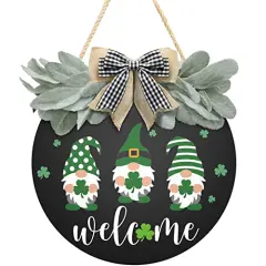 St Patrick's Day Welcome Sign Wreath For Front Door Decor Shamrock Hanging Door Sign Gnomes Pattern With Greenery & Bow Wooden Round St Patricks Day Decoration For The Home Farmhouse Decor 12x12 Inch