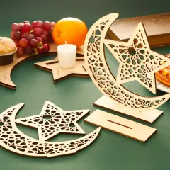 2 SetEid Mubarak Wooden Ornament Ramadan Hanging Plaque Moon Star Pendant for Decorations (Classic Style)