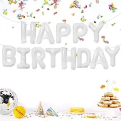 Colorful Celebrations: 16-Inch Mylar Foil Happy Birthday Balloons Banner - Eco-Friendly Decor for All Ages! White