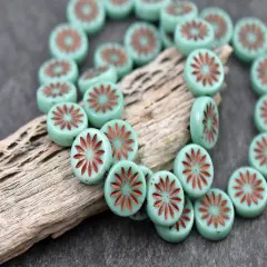 *15* 12mm Copper Washed Opaque Turquoise Aster Flower Coin Beads