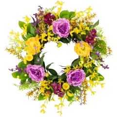 Northlight Peonies and Forsythia Spring Wreath - 24" - Yellow and Purple