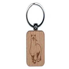 Thick Fluffy Alpaca Engraved Wood Rectangle Keychain Tag Charm