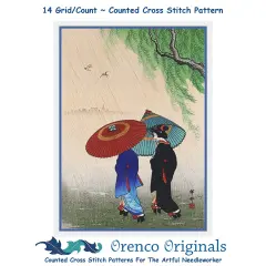 2 Women Rain Umbrella Asian Japanese Ohara Shoson Counted Cross Stitch Pattern