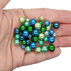 Bead Dangle Mix in Blue & Green, 20 pc 6mm 8mm Glass Pearls, Gold-Plated Wire, Adorabilities