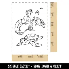 Mermaid Boy Giving High Fives to Sea Turtles Rectangle Rubber Stamp for Stamping Crafting