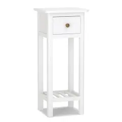 2 Tier Slim Rectangular Bedside Table Nightstand with Open Shelf and Small Drawer White