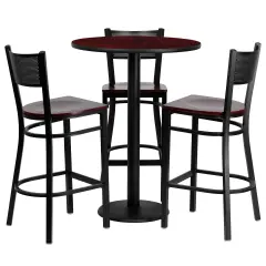 Emma and Oliver 30" Round Laminate Table Set with 3 Grid Back Metal Barstools Mahogany