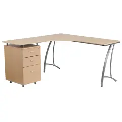 Emma and Oliver Laminate L-Shape Desk with Three Drawer Pedestal Beech