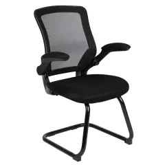 Emma and Oliver Mesh Sled Base Side Reception Chair with Flip-Up Arms Black Mesh