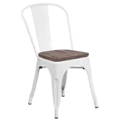 Merrick Lane Amsterdam Series Dining Chair - Blue Metal Frame - Textured Wooden Seat - Slatted, Curved Back White