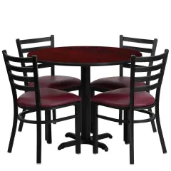 Emma and Oliver 36" Round Laminate X-Base Table Set with 4 Ladder Back Chairs Mahogany/BurgundyVYL